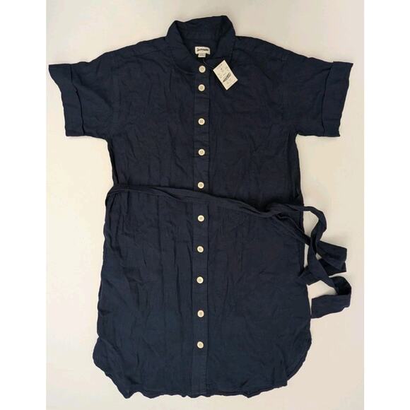 J. Crew Factory Linen-blend belted mini shirt-dress Womens Size Small Navy Blue - Picture 2 of 8